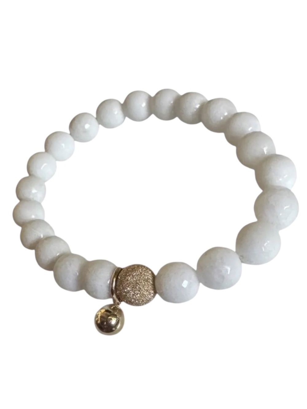 8mm White Jade Stretch Bracelet 14K Gold Filled Stardust Spacer Ball Charm